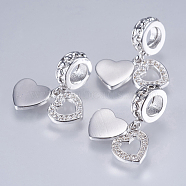 Brass Cubic Zirconia European Dangle Charms, Heart, Platinum, 20mm, Hole: 4mm, Pendant: 8x8~9x1mm(ZIRC-F074-04P)