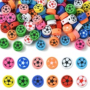 120Pcs 12 Colors Handmade Polymer Clay Beads, Flat Round with Football Pattern, Mixed Color, 9.5x4.5mm, Hole: 1.8mm, 10pcs/colors(CLAY-YW0001-96)