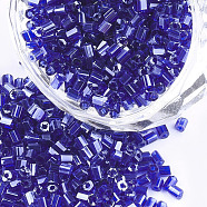 Grade A Glass Seed Beads, Hexagon(Two Cut), Transparent Colours Lustered, Dark Blue, 1.5~2.5x1.5~2mm, Hole: 0.8mm, about 2100pcs/bag, 450g/bag(SEED-S022-03I)