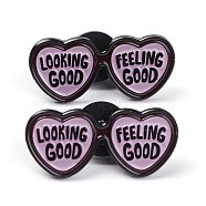 Alloy Enamel Brooches, Enamel Pin, with Plastic Clutches, Heart Spectacles with Word Looking Good Feeling Good, Electrophoresis Black, Pink, 13x29.5x11mm(JEWB-M019-01B)