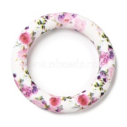 Food Grade Eco-Friendly Silicone Pendants, Ring with Rose Pattern, White, 65x10mm, Hole: 4mm(SIL-M001-01C)