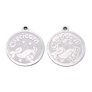 201 Stainless Steel Pendants, Flat Round with Twelve Constellation, Laser Cut, Stainless Steel Color, Capricorn, 25x22x1.5mm, Hole: 2mm(STAS-R106-01)