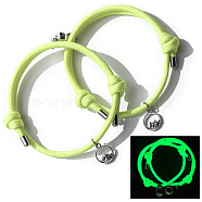2Pcs Magnetic Round & Mountain Alloy Charms Bracelets Set, Luminous Nylon Cord Adjustable Couple Matching Bracleets for Best Friends Lovers, Green Yellow, Inner Diameter: 2-1/2~4-7/8 inch(6.5~12.5cm)(VALE-PW0001-025C)