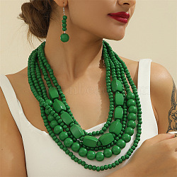 Wood Beaded Multilayer Necklaces & Dangle Earrings Sets, Green, 640~720mm(WG1A9CE-02)