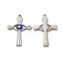 201 Stainless Steel Pendants, Cross with Enamel Evil Eye, Stainless Steel Color, 30x21.5x2.5mm, Hole: 1.5mm(STAS-J401-VF657-1)