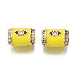Brass Micro Pave Clear Cubic Zirconia European Beads, with Enamel, Large Hole Beads, Nickel Free, Real 18K Gold Plated, Column with Eye, Yellow, 16x11.5mm, Hole: 6.5mm(ZIRC-N039-220E)