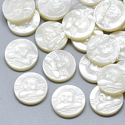Natural White Shell Mother of Pearl Shell Cabochons, Flat Round with Carved Cupid/Cherub/Angel, Seashell Color, 14.5x3.5mm(SSHEL-S264-052)