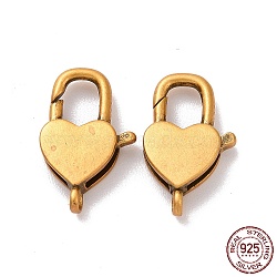 925 Sterling Silver Lobster Claw Clasps, Heart Padlock, Antique Golden, 13.5x8x3~3.5mm, Hole: 0.9mm, Inner Diameter: 3x5mm(STER-D036-02AG)