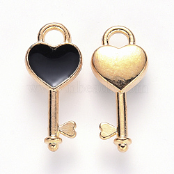 Alloy Enamel Pendants, Heart Key, Light Gold, Black, 16x7x2.5mm, Hole: 1.8mm(X-ENAM-S121-057)