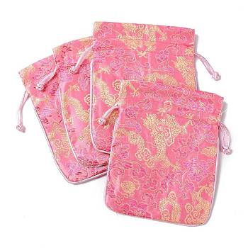 Chinese Style Silk Drawstring Jewelry Gift Bags, Jewelry Storage Pouches, Lining Random Color, Rectangle with Dragon Pattern, Pink, 15x11.5cm
