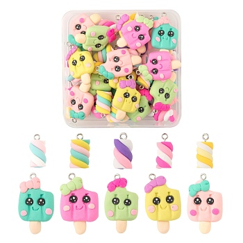 40Pcs 10 Style Handmade Polymer Clay Charms, with Platinum Tone Iron Findings, Ice Cream, Marshmallow, Mixed Color, 17~33.5x9~20x7~10mm, Hole: 2mm, 4pcs/style