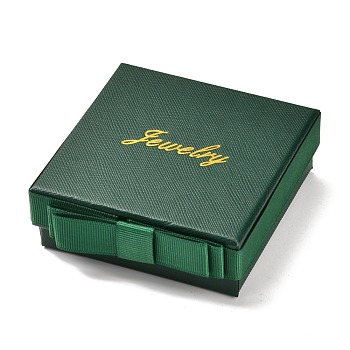 Square & Word Jewelry Cardboard Jewelry Boxes, with Bowknot & Sponge, for Earring, Ring, Necklace and Bracelets Gifts Packaging, Dark Green, 9.5x9.3x3.4cm, Inner Size: 8.4x8.4cm