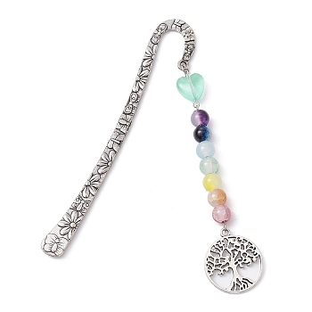 Flower Pattern Alloy Hook Bookmarks, Round & Heart Glass Beaded Bookmark with Charm, Tree of Life, 124mm, Pendant: 106x25x8.5mm