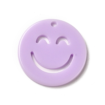 Opaque Acrylic Pendants, Flat Round with Smiling Face, Lilac, 19.5x2mm, Hole: 1.4mm