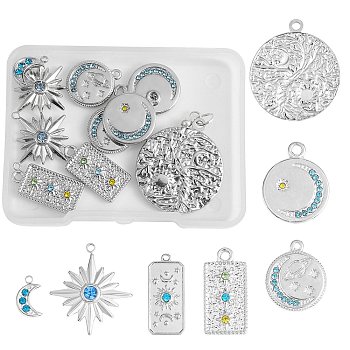 14Pcs 7 Styles 304 Stainless Steel Pendants, with Mixed Color Rhinestone, Moon & Star Charm, Mixed Shapes , Stainless Steel Color, 12~29x7.5~25x2~3.5mm, Hole: 1.4~2mm, 2pcs/style