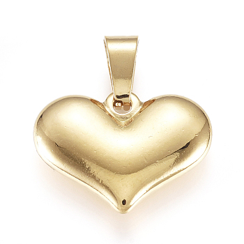 Vacuum Plating 304 Stainless Steel Pendants, Large Hole Pendants, Puffed Heart, Golden, 15x20x4mm, Hole: 7mm