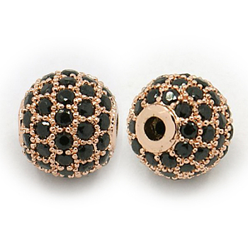 Brass Cubic Zirconia Beads, Round, Rose Gold, 8mm, Hole: 1.5mm