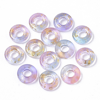 Transparent Spray Painted Glass Beads, Large Hole Beads
, with Golden Foil, Donut, Lilac, 10x3mm, Hole: 4mm