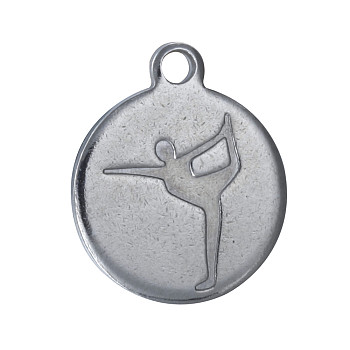 304 Stainless Steel Charms, Flat Round with Yoga Pattern, Stainless Steel Color, 14x12x1.2mm, Hole: 1.5mm