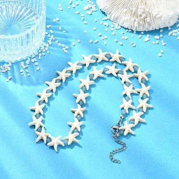 Ocean Synthetic Turquoise Starfish and Dyed Round Natural White Jade Beaded Necklaces, Stainless Steel Color, Beige, 15.94 inch(40.5cm)