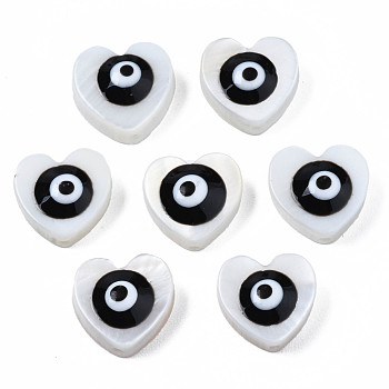 Natural Freshwater Shell Beads, with Enamel, Heart with Evil Eye, Black, 9~10x9.5~11x4mm, Hole: 0.8mm