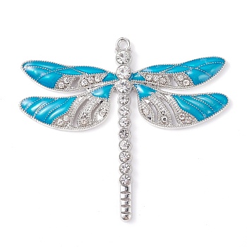 Alloy Enamel Dragonfly Big Pendants, with Crystal Rhinestone, Platinum, Sky Blue, 57x64x5mm, Hole: 2mm