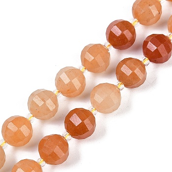 Natural Red Aventurine Beads Strands, Faceted, Lantern, with Seed Beads, 10x9mm, Hole: 1.2mm, about 33~34pcs/strand, 15.51~16.10 inch(39.4~40.9cm)