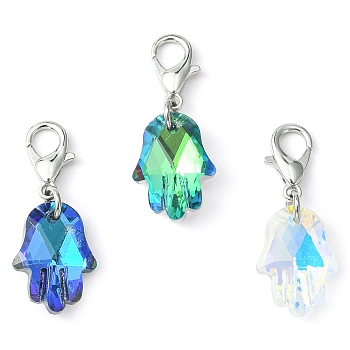Hamsa Hand/Hand of Miriam Glass Pendant Decoration, with Zinc Alloy Lobster Claw Clasps, Mixed Color, 34mm
