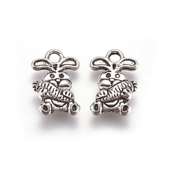 Tibetan Style Rabbit Alloy Charms, Bunny with Carrot Pendants, Cadmium Free & Lead Free, Antique Silver, 14.5x10x2.5mm, Hole: 2mm, about 1175pcs/1000g