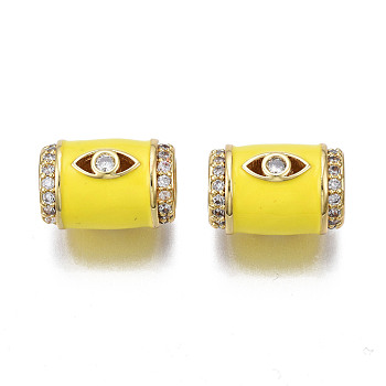 Brass Micro Pave Clear Cubic Zirconia European Beads, with Enamel, Large Hole Beads, Nickel Free, Real 18K Gold Plated, Column with Eye, Yellow, 16x11.5mm, Hole: 6.5mm
