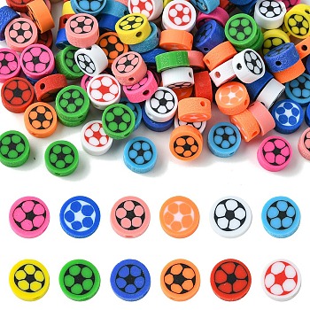 120Pcs 12 Colors Handmade Polymer Clay Beads, Flat Round with Football Pattern, Mixed Color, 9.5x4.5mm, Hole: 1.8mm, 10pcs/colors