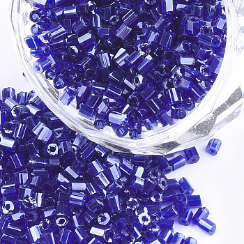 Grade A Glass Seed Beads, Hexagon(Two Cut), Transparent Colours Lustered, Dark Blue, 1.5~2.5x1.5~2mm, Hole: 0.8mm, about 2100pcs/bag, 450g/bag