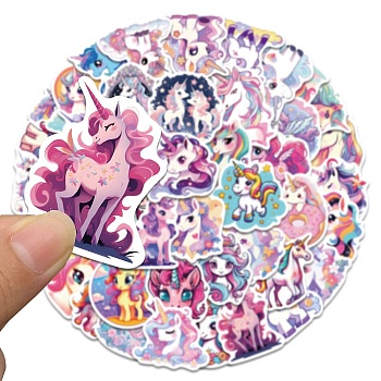 50Pcs Unicorn PVC Self Adhesive Cartoon Stickers, Waterproof Decals for Laptop, Bottle, Luggage Decor, Mixed Color, 45~66x44~56x0.2mm