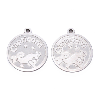 201 Stainless Steel Pendants, Flat Round with Twelve Constellation, Laser Cut, Stainless Steel Color, Capricorn, 25x22x1.5mm, Hole: 2mm