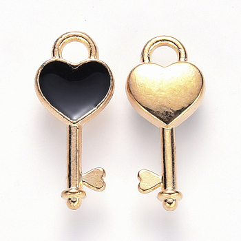 Alloy Enamel Pendants, Heart Key, Light Gold, Black, 16x7x2.5mm, Hole: 1.8mm