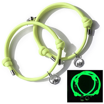 2Pcs Magnetic Round & Mountain Alloy Charms Bracelets Set, Luminous Nylon Cord Adjustable Couple Matching Bracleets for Best Friends Lovers, Green Yellow, Inner Diameter: 2-1/2~4-7/8 inch(6.5~12.5cm)