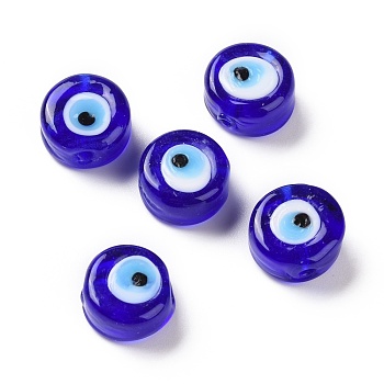 Handmade Evil Eye Lampwork Beads, Flat Round, Blue, 11.5~12x5.5mm, Hole: 1~1.2mm