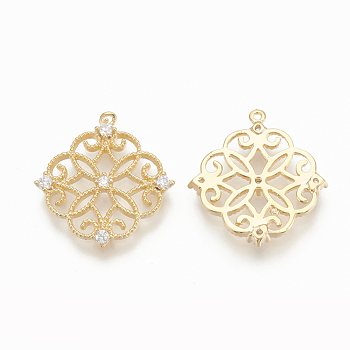 Brass Micro Pave Cubic Zirconia Pendants, Flower, Nickel Free, Real 18K Gold Plated, Clear, 16x15x2mm, Hole: 0.8mm