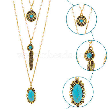 2Pcs 2 Colors Flower & Feather & Oval Imitation Turquoise Pendants 3 Layer Necklaces Set(NJEW-AN0001-06)-3