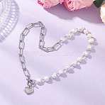 201 Stainless Steel Thank You Heart Pendant Necklaces, 304 Stainless Steel Paperclip Chain with Electroplated Shell Pearl Nuggets Link Chain Necklaces, White, Stainless Steel Color, 18.90 inch(48cm)(NJEW-JN05704)