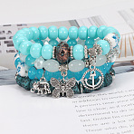 4Pcs Bohemian Style Alloy & Glass & Acrylic Charm Bracelets Set, Butterfly & Anchor & Elephant, Antique Silver, Dark Turquoise, 7-1/8 inch(18cm)(WG8E884-07)