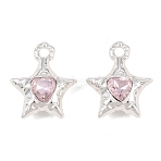 Y2K Style Alloy & Glass Pendants, Star with Faceted Heart Charm, Silver, Long-Lasting Plated, Rack Plating, Pink, 20x17x6.5mm, Hole: 2.3mm(GL-CBA1FD3-01S-01)