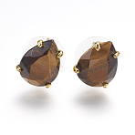 Natural Tiger Eye Stud Earrings, with Golden Tone Brass Findings, Faceted Teardrop, 13.5~14x10.5mm, Pin: 0.8mm(X-EJEW-L196-03H)