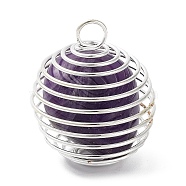 Natural Amethyst Lantern Pendants, Oval Charms, with Platinum Plated Alloy Cage Findings, 30x25mm(FIND-PW0010-06G)