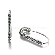 Brass Hoop Earrings, with Rhinestone, Safety Pin Shape, Platinum, Green, 26~26.5x10~11x3mm, Pin: 0.8mm(EJEW-K085-04P)