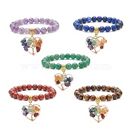 5Pcs 5 Style Natural & Synthetic Mixed Gemstone Stretch Bracelets Set, Yoga Chakra Gemstone Chips Heart with Tree Charms Bracelets for Women, Inner Diameter: 2-1/8 inch(5.4cm), 1Pc/style(BJEW-JB08747)