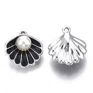 Alloy Pendants, with ABS Plastic Imitation Pearl & Enamel, Shell with Pearl, Platinum, Black, 16x15x7mm, Hole: 1.5mm(ENAM-S119-034A-04P)