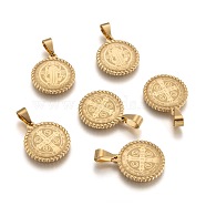 304 Stainless Steel Pendants, Flat Round with Saint Benedict Medal, Golden, 22x19x3mm, Hole: 4x7mm(STAS-O065-18)