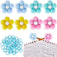 8Pcs 4 Colors Flower Silicone Beads Knitting Needle Protectors/Knitting Needle Stoppers, with 50Pcs Plastic Knitting Stitch Marker Rings, Mixed Color, 11.5~26x11.5~27x1~10mm, Hole: 2mm(DIY-SC0023-91)