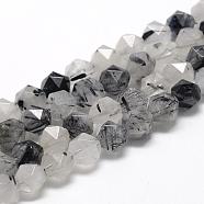 Natural Black Rutilated Quartz Beads Strands, Star Cut Round Beads, Faceted, 8~10x7~8mm, Hole: 1mm, about 48pcs/strand, 15.3 inch(G-R448-8mm-01)